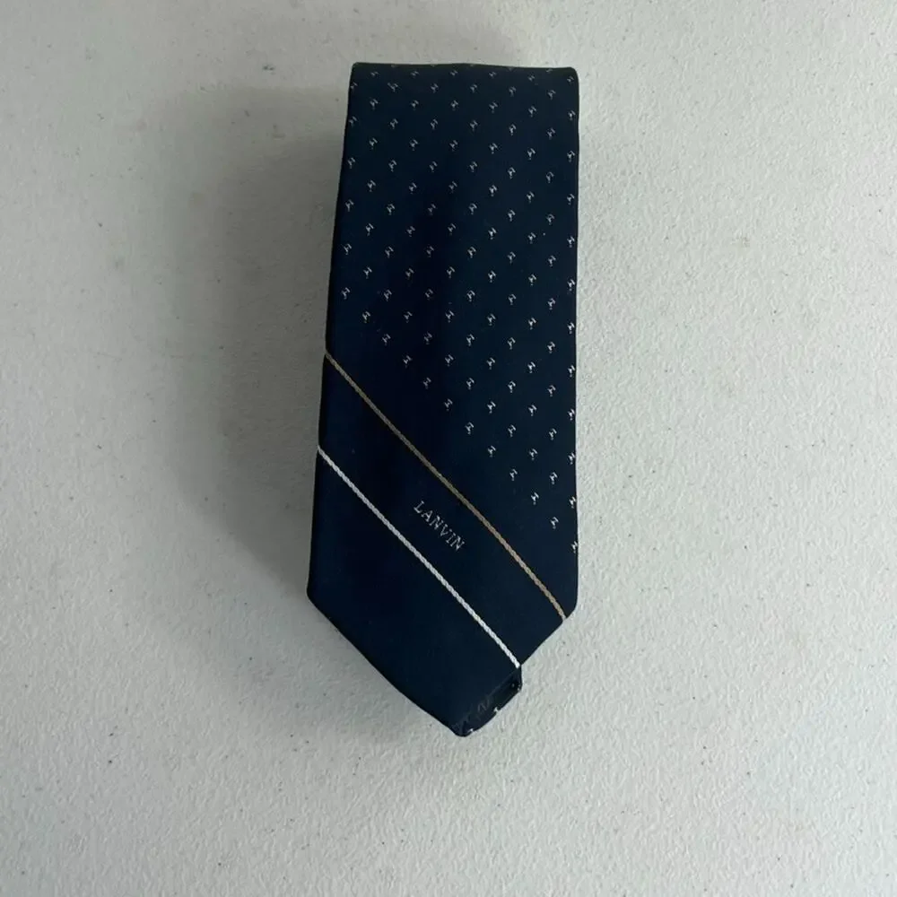 Lanvin Paris Necktie Men's Navy Blue Striped Pin Dot Logo